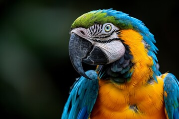 Obraz premium A striking macaw with bright blue and yellow feathers is perched gracefully, showcasing its intricate patterns and vibrant colors against a soft, dark background, highlighting its beauty