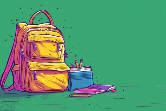 Bright yellow backpack rests beside notebooks and a pencil holder on a vibrant green background, showcasing school supplies in a playful and inviting arrangement for educational themes - Powered by Adobe