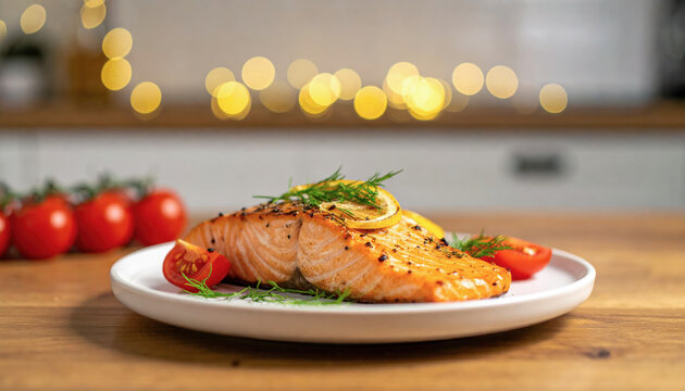 Filetto di salmone grigliato con pomodorini ed erbe aromatiche su piatto,. Generative AI
