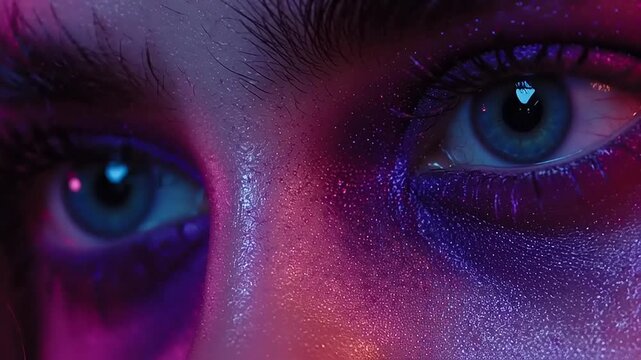 Eyes with vibrant purple eyeshadow and glitter reflect a dramatic neon light in this close-up macro portrait of a person.