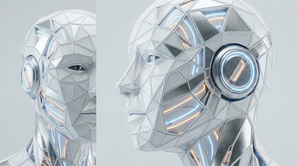 Futuristic geometric robot heads with glowing internal circuitry on a white background, representing artificial intelligence and advanced technology.