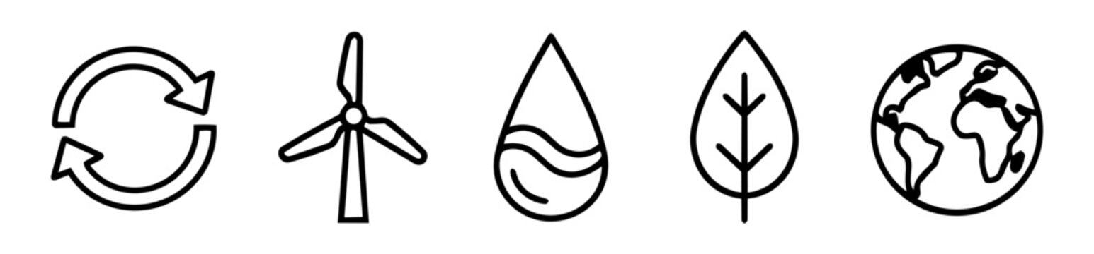 Sustainability & Environment Line Icons Set &ndash; Recycling, Wind Energy, Water, Leaf, Globe