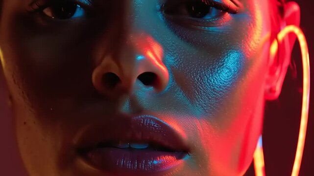 Face of a woman features glowing neon contours and dramatic rim lighting in a close up portrait shot.