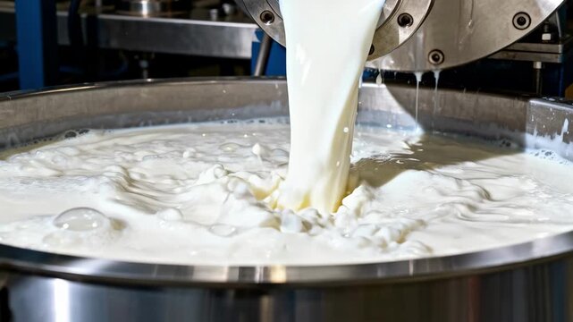 Medium shot of highpressure homogenizer in action showing intense fluid milk turbulence as fat globules break down for improved stability and texture.