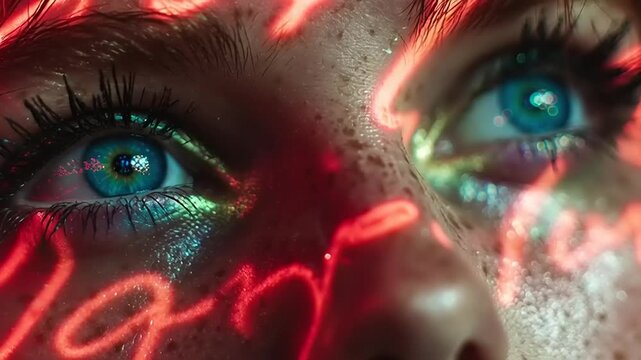 Eyes of a young woman reflect vibrant neon light patterns in a cinematic close-up shot.