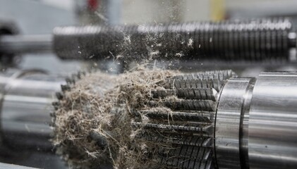Focused medium shot on lint separating from rotating saw cylinders with fixed ribs softly blurred showcasing fine cleaning details in textile machinery.