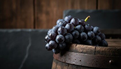 Fresh dark purple grapes with water droplets resting on an aged wooden wine barrel in a cellar setting