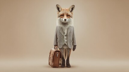 Fototapeta premium Fashionable Fox in Gray Suit Holding Leather Bag on Neutral Background