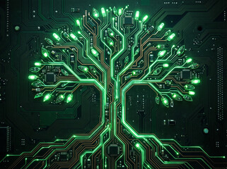 A glowing green circuit board in the shape of a tree, symbolizing the integration of technology and nature, with intricate digital pathways.