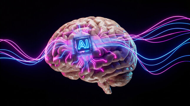 A glowing AI chip embedded in a human brain with neon light waves representing data and intelligence, symbolizing advanced technology and neuroscience. - Powered by Adobe