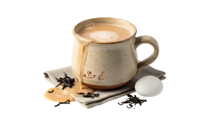 Overflowing Cup of Tea: Capturing a moment of deliciousness and visual appeal, a ceramic mug overflows with rich tea.