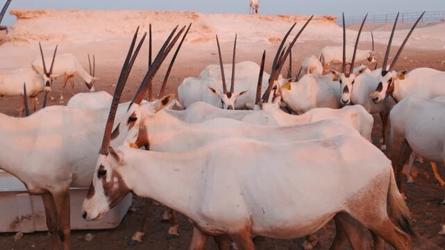 National animal of Qatar Oryx at the desert safari in Zekreet, Qatar at the sunset time