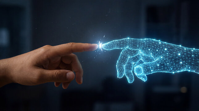 A human finger touching a glowing digital hand, symbolizing connection between humanity and artificial intelligence.