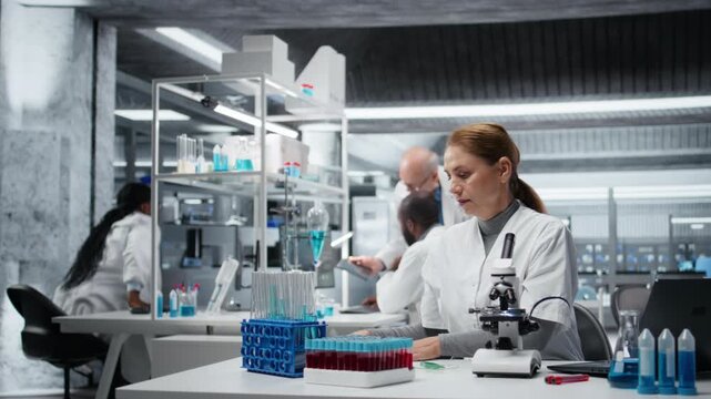 Hematology specialist in lab conducting research on blood sample, taking notes. Epidemiologist in laboratory analyzing sanguine fluid specimen in vial, writing down findings, camera A