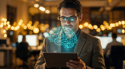 Man in glasses holding a tablet with a glowing holographic brain, representing AI and innovation in a modern office setting.
