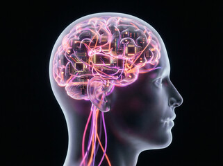 Translucent human head in profile with glowing brain, integrated electronic circuits, and neural pathways, symbolizing artificial intelligence and advanced technology.