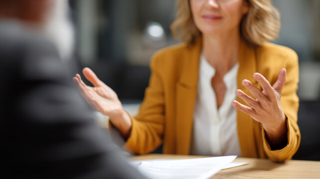 Woman discussing contract terms calmly, hand gestures visible, blurred background