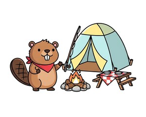 Cute Beaver Camping Adventure with Tent and Campfire.