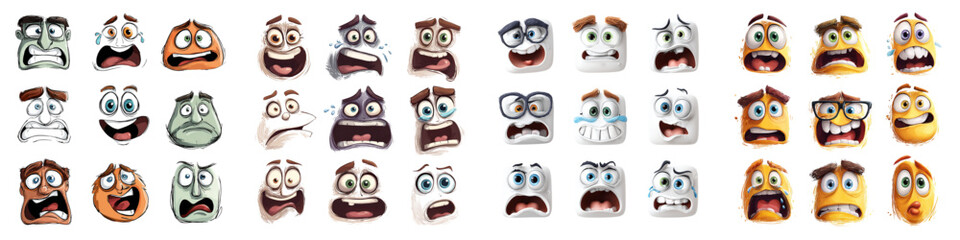 Fototapeta premium Diverse set of cartoon faces with various emotions and accessories in flat design vector illustration