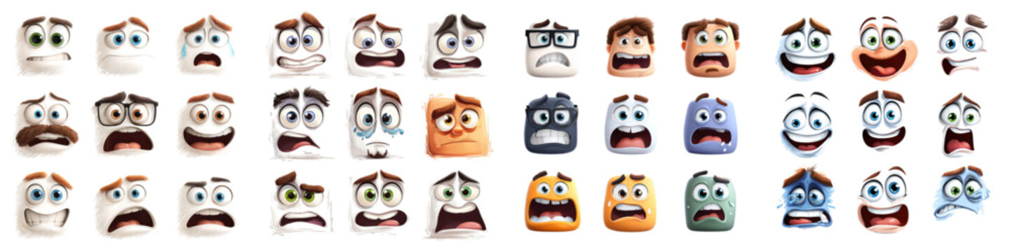 Diverse set of cartoon dog faces in various emotions and colors, flat design vector illustration