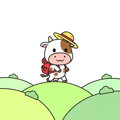 Cute Cartoon Cow Hiking on Green Hills.