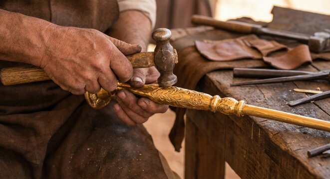 Craftsman works on golden details of Tabernacle components during biblical times