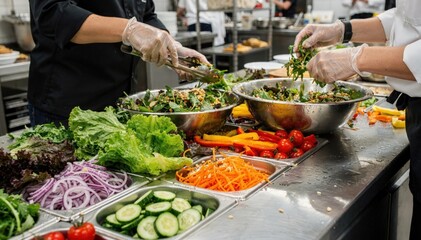 Obraz premium Focused medium shot of a cold prep station featuring fresh vegetables and salad ingredients hands of chefs preparing salads with background out of focus.