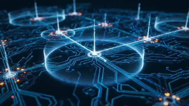 Glowing blue circuit board with bright lights