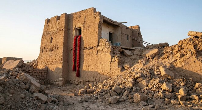 Fall of Jericho represented by ruins of a structure amid rubble illustrating ancient event in the Old Testament