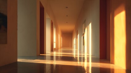 Calm-Quiet hallway with sunlight and long shadows, minimal architecture, warm realistic tones, peaceful emotion