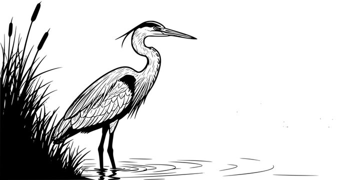 A tall, elegant Great Blue Heron standing among minimalist marsh reeds and water ripples.