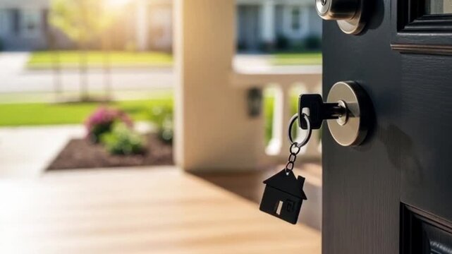 Open Front Door of a Modern House with Key and House-Shaped Keychain in Lock