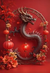 Dragon zodiac sign with flowers and beautiful lanterns on red background, Chinese New Year decoration,  floral designs,  lantern decor, zodiac dragon