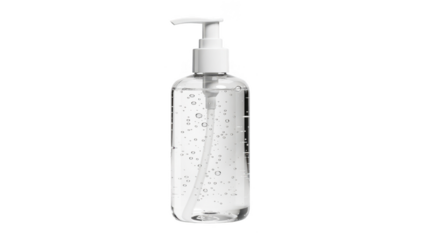 Clear hand sanitizer bottle isolated on white highlighting essential hand hygiene practices to reduce germ spread at home.