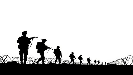 Silhouette of soldiers marching in line across barbed wire border