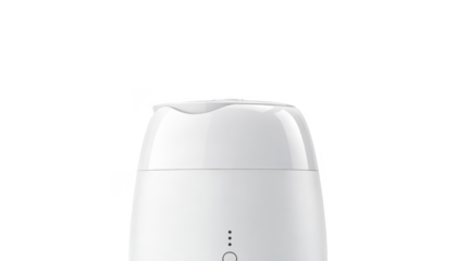 Closeup of a white coolmist humidifier releasing vapor on a clean white background highlighting sleek design ideal for skin hydration and indoor air comfort.
