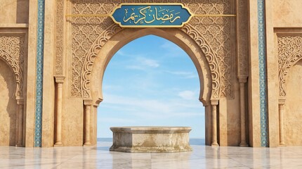 Ramadan Kareem greeting background with Arabic architecture.