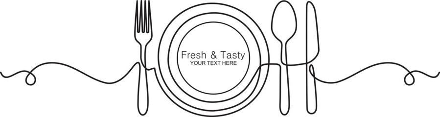 Continuous One Line Drawing of fresh and tasty. Spoons,plate, Forks, Knife, Eating Utensils