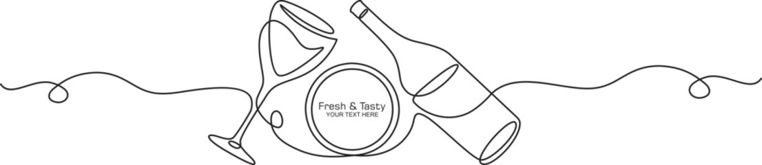Continuous one line drawing of glass of wine. Champagne toast and cheers in simple linear style. 