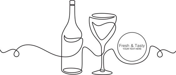 Continuous one line drawing of glass of wine. Champagne toast and cheers in simple linear style. 