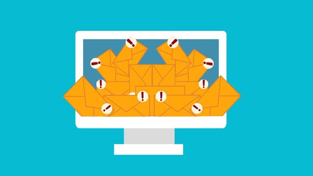 Animated cyber crime concept illustrating email spamming activity on computer screen. Modern digital security threat visualization.