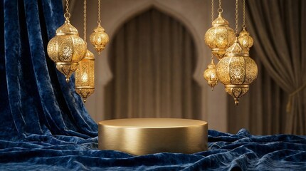 Gold product display with oriental lamps