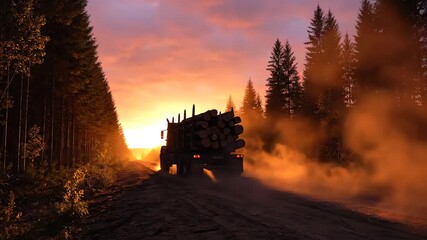The heavy logging truck, loaded with timber, drives quickly down a dusty forest road, dramatically silhouetted against the powerful, fiery orange sunset.
