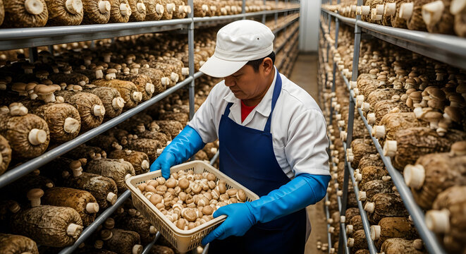 Asian worker harvesting fresh button mushrooms from vertical rac