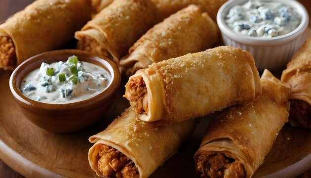 plate of crispy buffalo chicken egg rolls with ranch dipping sauce and blue cheese