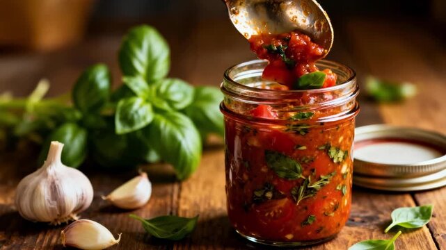 Medium shot of rich herbflecked marinara sauce being spooned into glass jars lids carefully sealed highlighting homemade preparation and fresh aromatic ingredients.