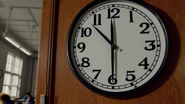 Clock shows time in classroom setting with students attending lesson in background