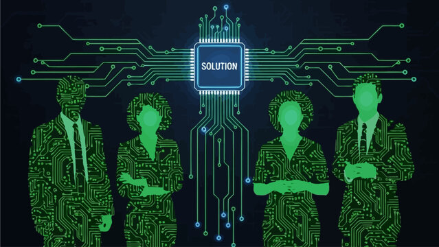 A digital illustration depicting a team of professionals standing in front of a circuit board with the word solution.