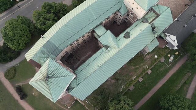 Captivating aerial view showcases the Turku castle, a historic landmark located in the outskirts of Turku, Finland.