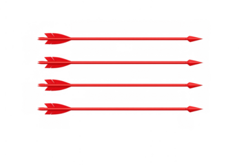 Multiple red arrows in a row, with fletching and arrowheads, flying in a straight line on a transparent background